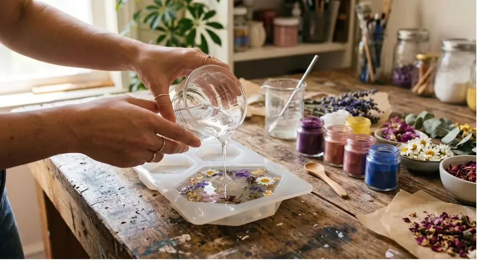 Manos virtiendo resina epóxica en un molde con flores secas